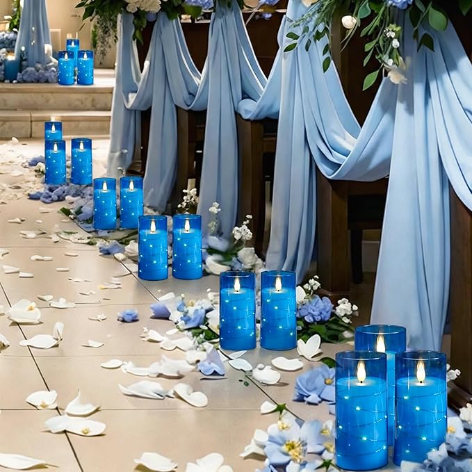 Homemory Flameless Candles with Embedded Star String Fairy Lights, Battery Operated Candles, LED Candle, Fake Candles with Remote Control and Timer, Blue, Set of 2(H 6" 6")