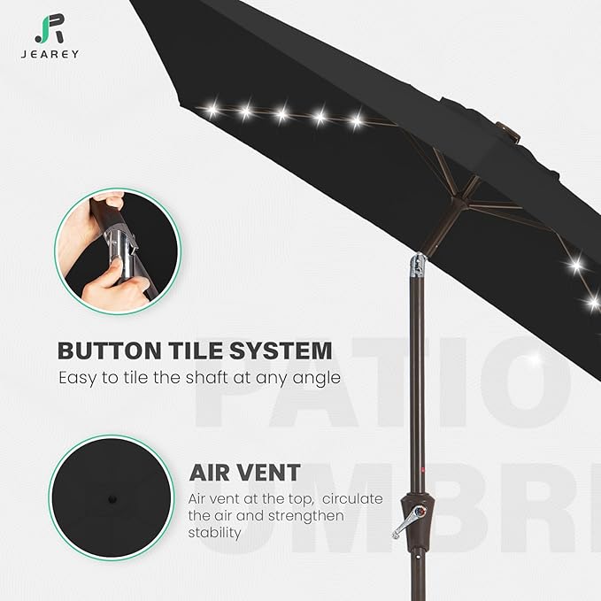 JEAREY 6.5x10 ft Rectangular LED Lighted Patio Umbrellas Outdoor Solar Table Market Umbrella w/Push Button Tilt/Crank, 6 Sturdy Ribs, UV Protection Waterproof Sunproof(Black)