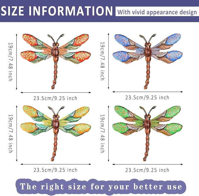 Metal Dragonfly Wall Decor 3D Colorful Outdoor Fence Wall Art Decor Hanging Decoration for Your Garden Yard Patio Balcony