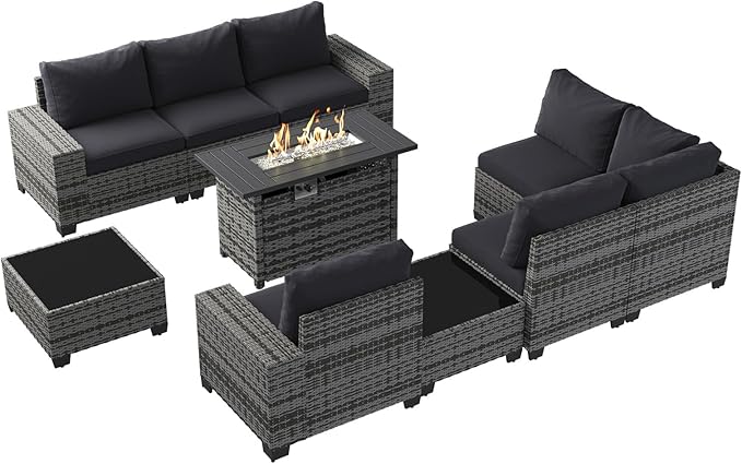 Aoxun Patio Furniture Sets with 44'' Fire Pit, 10 Pcs Outdoor Patio Coversation Set with 4'' Thicken Cushion, Widen Armrests Wicker Outdoor Sectional for Backyard (Include Waterproof Cover)