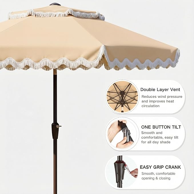 9FT Patio Umbrella with Fringe,Tassel Umbrella with Push-Button Tilt | UPF 50+ & Rust-Resistant Fiberglass Frame for Patio, Pool,Garden,Yard(Khaki)