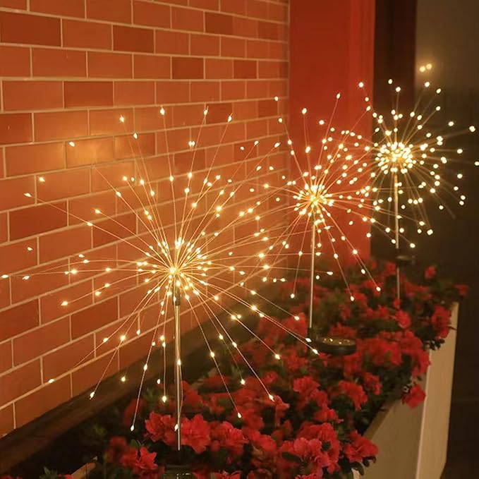 Solar Garden Firework Lights Outdoor Waterproof, 2 Pack 150 LED 8 Lighting Modes Sparklers Solar Twinkling Starburst Lights for Yard Flowerbed Pathway Fence Decorations, Warm White, Copper Wire