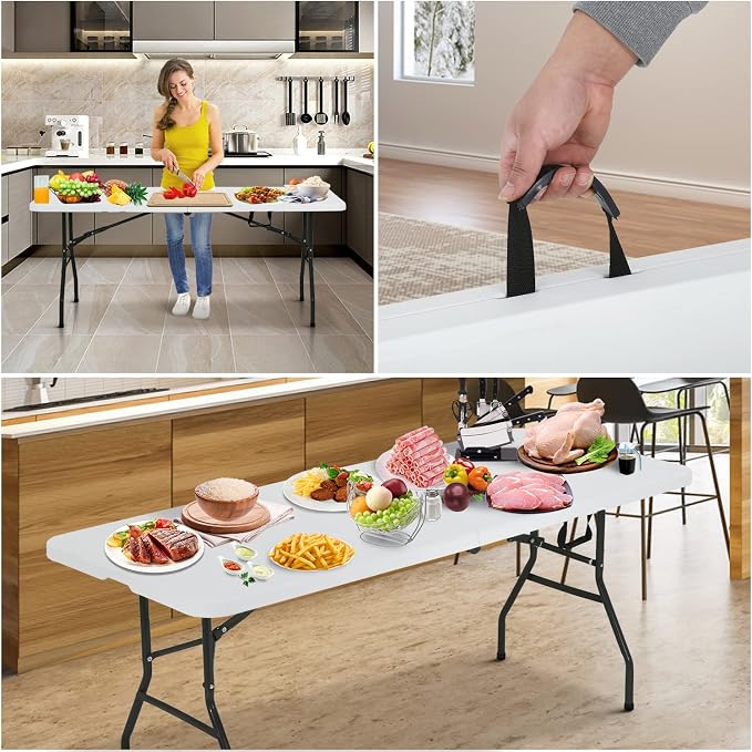 Dkeli Folding Table | 6 ft Folding Picnic Table Portable | Heavy Duty Dining Table | Fold in Half with Handle and Sturdy Steel Frame for Outdoor Indoor Camping, Picnic and Party, White