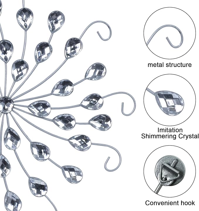 hogardeck Metal Flower Wall Decor, 11" Silver Metal Jeweled Wall Art Bling Crystal Home Décor, Sun Star Burst Rhinestone Wall Hanging Diamond Accents for for Indoor, Outdoor, Living Room, Bedroom