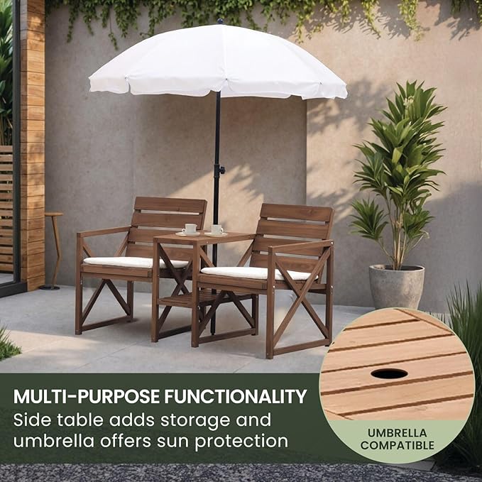 Hanover 33.5" x 27.5" Wood Outdoor Conversation Set with Two Seats, Table, and Umbrella