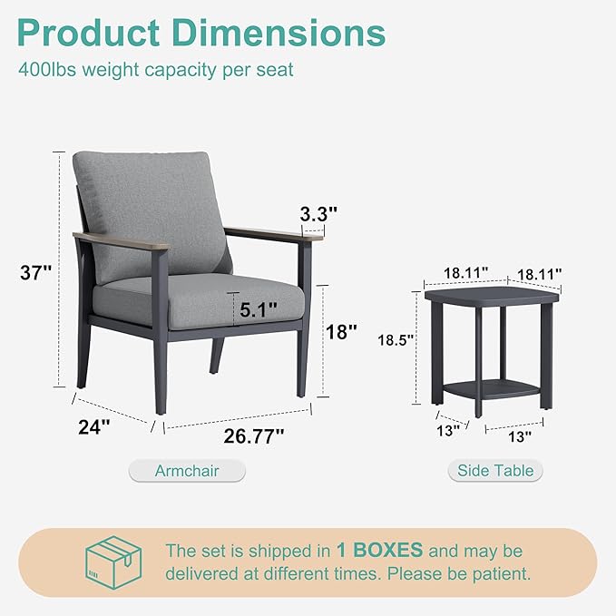 3-Piece Aluminum Patio Rocking Swivel Chair Outdoor Bistro Set, Patio Conversation Set Outdoor Patio Furniture Set with High Backrest & Thickened Cushions for Garden, Deck and Balcony, Grey