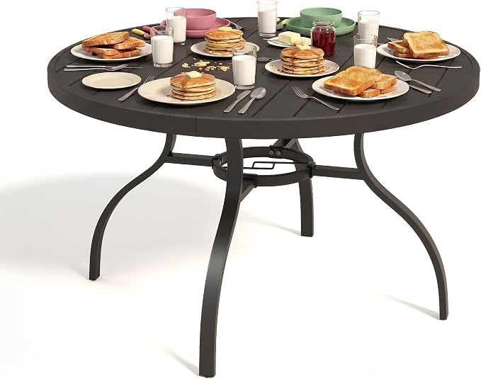 47” Patio Outdoor Dining Table, Wood-Grain Patio Round Table with Umbrella Hole, All-Weather Metal Dining Table for Party, Lawn & Garden