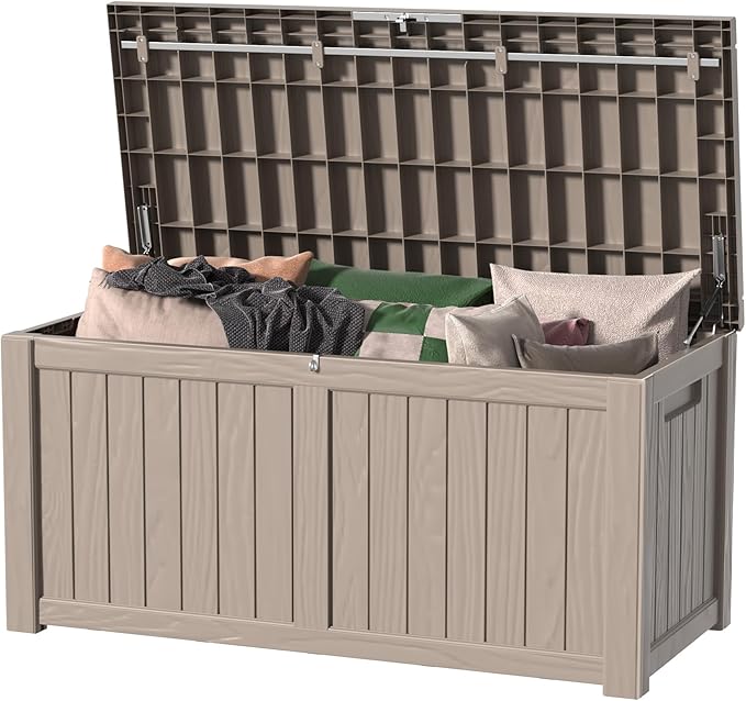 DRATO 150 Gallon Outdoor Storage Box Waterproof, Large Resin Lockable Outdoor Deck Box with Lid, Weatherproof Container for Patio Furniture Cushions, Garden Tools, Pool Accessories (Grey, 150 Gallon)