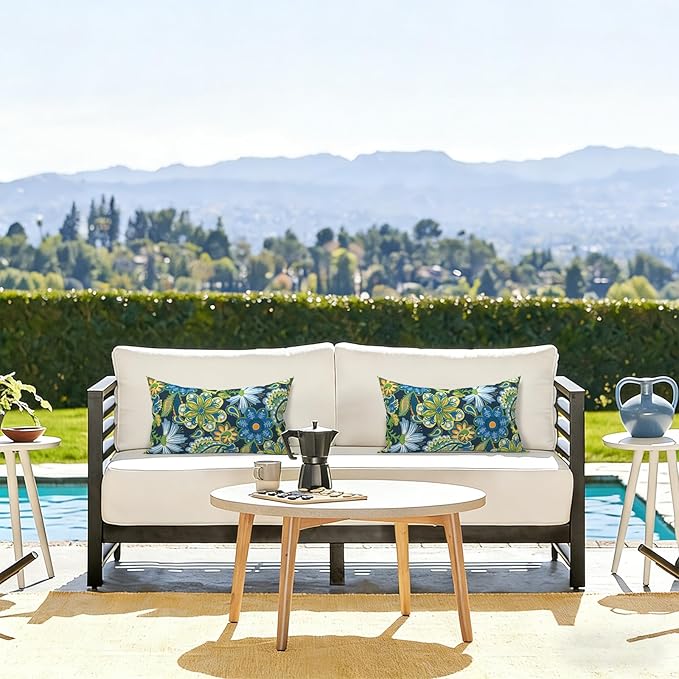 LVTXIII Set of 2 Patio Lumbar Pillows, 12" x 20" Fade Resistant Outdoor Lumbar Pillow with Inners, Fluffy Decorative Garden Lumbar Cushions for Home Patio Coach Sofa Use, Flower Child