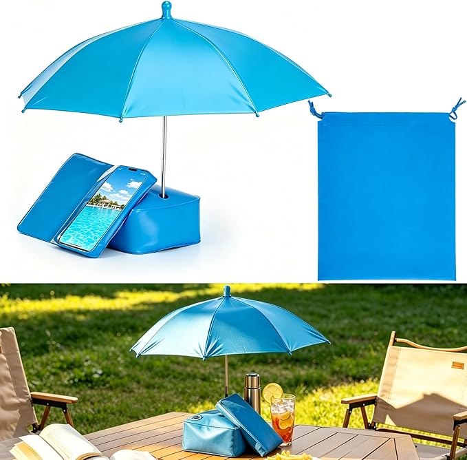 Poolside Phone & Drink Shade Umbrella with Water-Fill Base Touchscreen Phone Pouch Adjustable 19.7" Canopy Portable Sun Shade for Pool Beach Patio Backyard & Camping Carry Bag Included