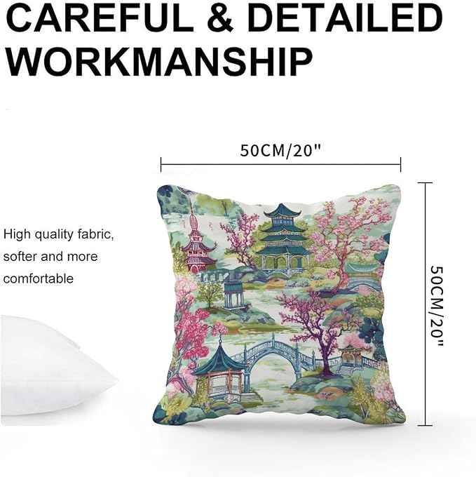 Chinoiserie Pagoda White Coral Blue Asian Pillow Cover Chinoiserie Chic Asian Pillows 20x20 INRetro Accent Throw Pillow Covers Farmhouse Decorative for Patio Funiture Garden