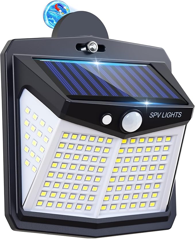 128LED Magnetic Solar Lights Outdoor, Bright Motion Sensor Outdoor Lights with Strong Magnets, Ip65 Waterproof Solar Lights for Chain Link Fence, Patio, Yard, Camper, RV(1Pack)