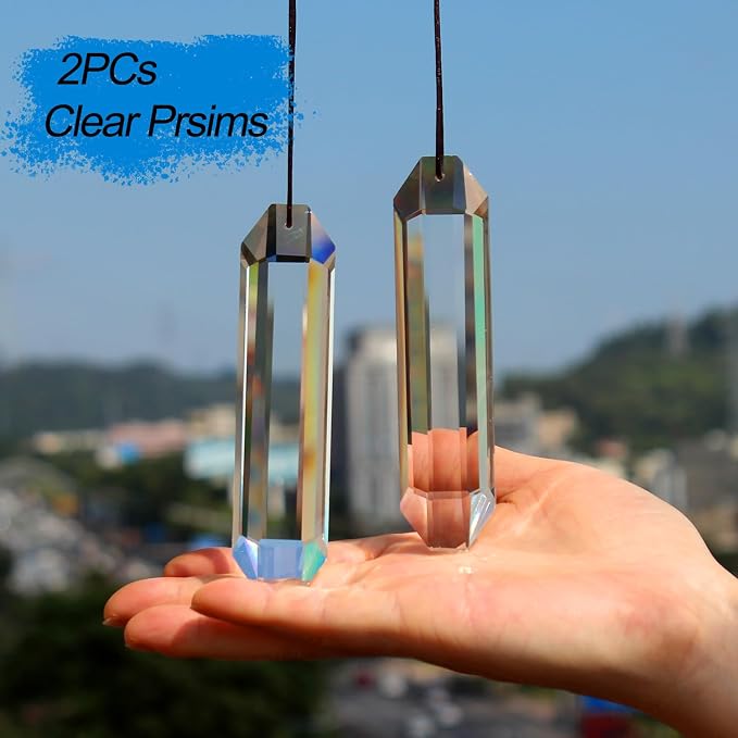 2PCS Rectangle Crystal Suncatcher Prisms for Windows (Rect Clear) | Clear, Transparent, K9 Glass, Rainbow Maker, with Hooks & Cord
