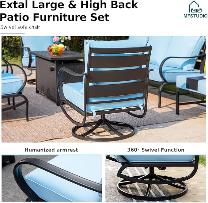 MFSTUDIO 5 Pieces Patio Conversation Sets, Outdoor Metal Furniture Sofas with 1 x 28 50,000 BTU Square Propane Fire Table and 4 x Wrought Iron Frame Swivel Chairs with Blue Cushion