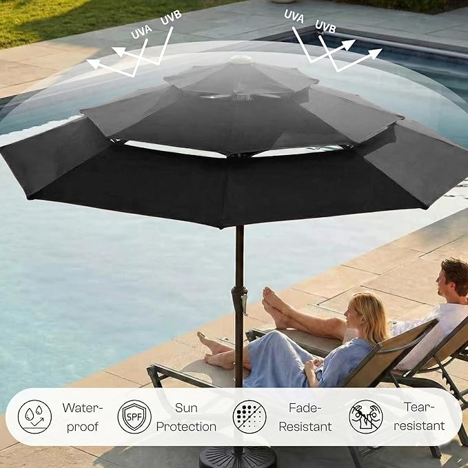 10ft 3-Tier Patio Umbrella with 32 Solar Powered LED Lights, Windproof Outdoor Market Umbrella for Deck, Poolside & Garden, Sturdy Push-Button Tilt Table Umbrella, Black