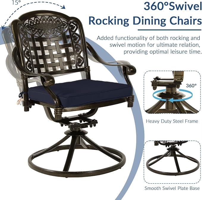 SOCIALCOMF 9-Piece Patio Cast Aluminum Dining Set, Outdoor Table and Chairs Set for 8, Includes 64" Large Square Dining Table, 4 Stationary, 4 Swivel Dining Chairs with Umbrella Hole, Navy Blue