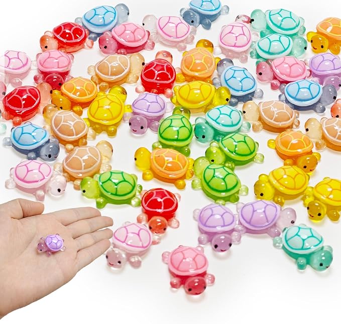 50PCS Mini Resin Turtles, Small Colorful Turtle Figurines Bulk Set | Tiny Resin Animals for Ocean Theme Party Decor, DIY Crafts, Cake Toppers (10 Vibrant Colors)