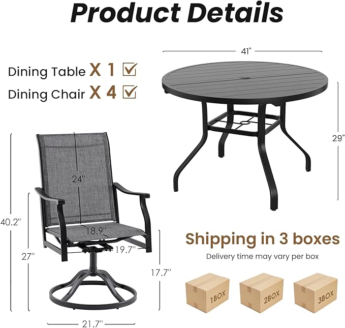 Soohow Patio Dining Set for 4, 5-Piece Round Table Outdoor Dining Set, 4 x Swivel Patio Chairs and 1 x 41 Round Outdoor Dining Table, for Poolside, Backyard and Proch