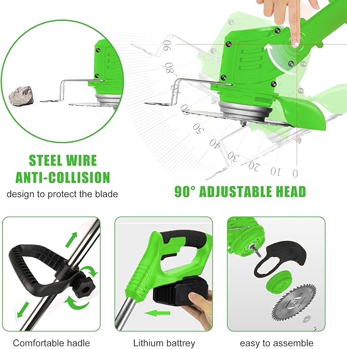 21V Electric Weed Wacker Cordless String Trimmer Battery Powered Grass Trimmer with 90° Adjustable Head 2 X 2.0Ah Battery and Charger Lightweight Brush Cutter Edger Lawn for Garden Yard,Green