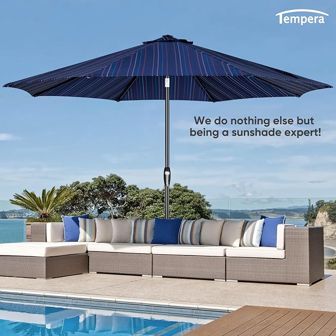 Tempera Patio Market Outdoor Table Umbrella with Auto Tilt and Crank, Large Sun Umbrella with Sturdy Pole & Fade Resistant Canopy, Easy to Set
