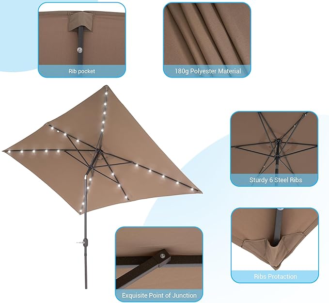 Rectangle Patio Umbrella with Solar Lights, 10 x 6.5ft Rectangular Outdoor Umbrella Table Market Patio Umbrella with Push Button Tilt and Crank for Garden, Deck, Backyard, Pool