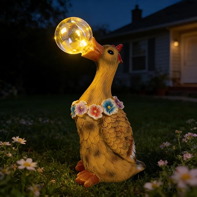 Porch Goose Statue with Solar Bubble Light Garden Yellow Figurine Decor for Yard Lawn Patio Outdoor Decorations Housewarming Gifts for Mom Grandma Women