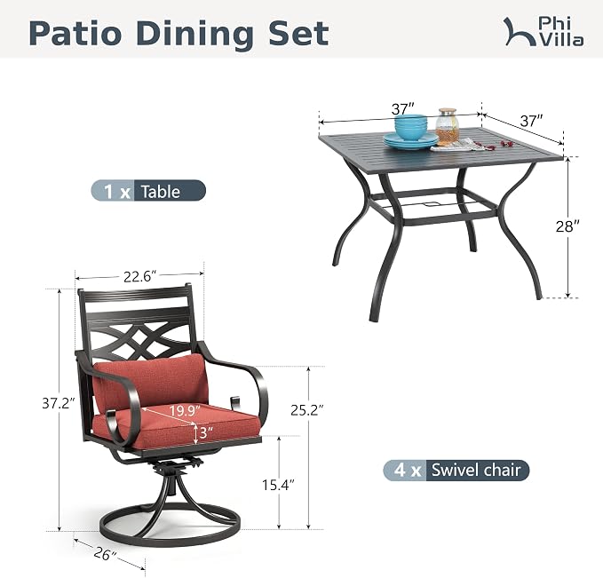 PHI VILLA Patio Dining Set, Swivel Chairs, 37" Square Metal Table | Metal chairs, Red, Umbrella Hole, Cushions, E-coated