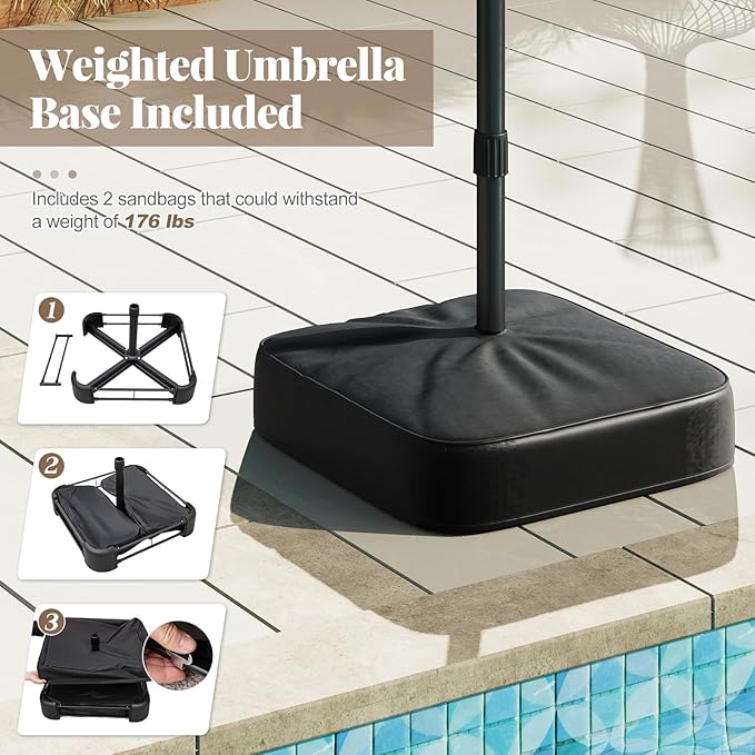 Tangkula 15FT Double-Sided Solar Patio Umbrella, Extra-Large Outdoor Twin Umbrella with 48 LED Lights, Vented Top, Crank Handle, 12 Ribs, Weighted Base Included for Backyard Poolside Deck (Tan)
