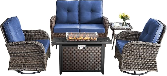 5 Pieces Patio Furniture Set with Fire Pit Table-All Weather Rattan Wicker Outdoor Glider Bench with Outdoor Swivel Chair Outdoor Furniture for Deck Porch Garden Balcony Poolside-Brown/Blue