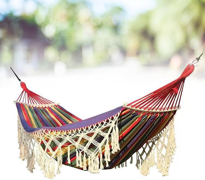 Backyard Hanging Hammock with Tassels, 500lb Load Capacity, Single Double Size 102x59in - Lightweight Foldable Outdoor Cotton - Polyester Blend for Garden, Patio, Camping Relaxat (Red)