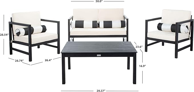 SAFAVIEH Outdoor Collection Montez Black/ Beige Cushions/ Striped Bolster Pillows 4-Piece Conversation Patio Set