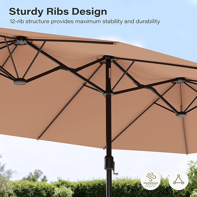 EO Living 15ft Large Patio Umbrella, Double-Sided Rectangle Outdoor Umbrella with Base Included, Table Umbrella for Poolside Deck Market (Beige)