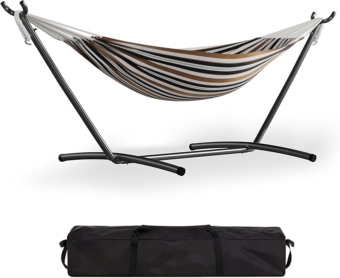 GarveeLife Double 2 Person Hammock, Indoor Outdoor Standing Hammock with Space Saving Steel Stand, Carry Bag, 450 LBS Weight Capacity, Suitable for Garden Camping Beach, Coffee