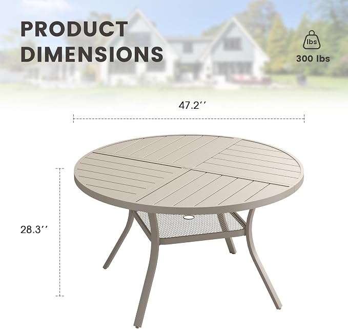 47.2" Outdoor Dining Table with Adjustable Umbrella Hole, Metal Slatted Round Patio Dining Table for Backyard Garden Deck, Sandshell