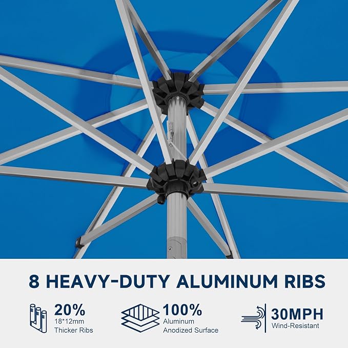 10FT Aluminum Outdoor Patio Umbrella, Fade-Resistant Market Umbrella with Push Button Tilt Function, 8 Sturdy All-Aluminum Ribs for Gardens, Patios, Backyards & Pools