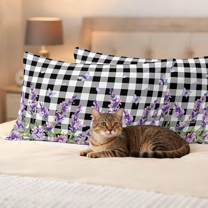 Lavender Floral Outdoor Waterproof Pillow Covers, Purple Flowers Butterfly Black Gray Plaid Decorative Rectangle Throw Pillowcase Sofa Cushion Sham for Patio/Couch/Chair, 20"x12" 2 Pack