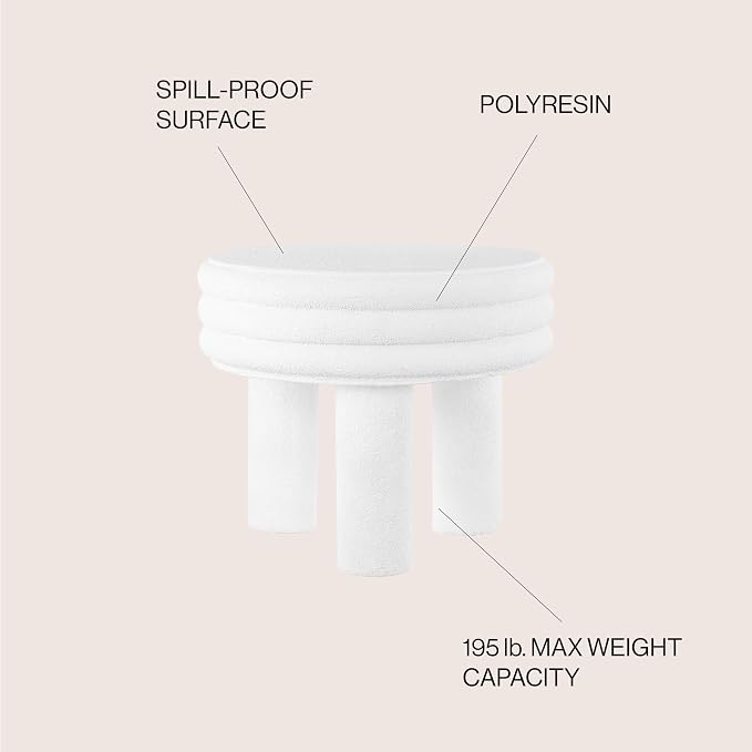 JONATHAN Y Rashida 18" Modern Round Polyresin Indoor Outdoor Accent Coffee Table, Weather Resistant Low Table with Chunky Ribbed Stacked Ring Design and Tripod Pillar Base, White Frosted TBL1106C