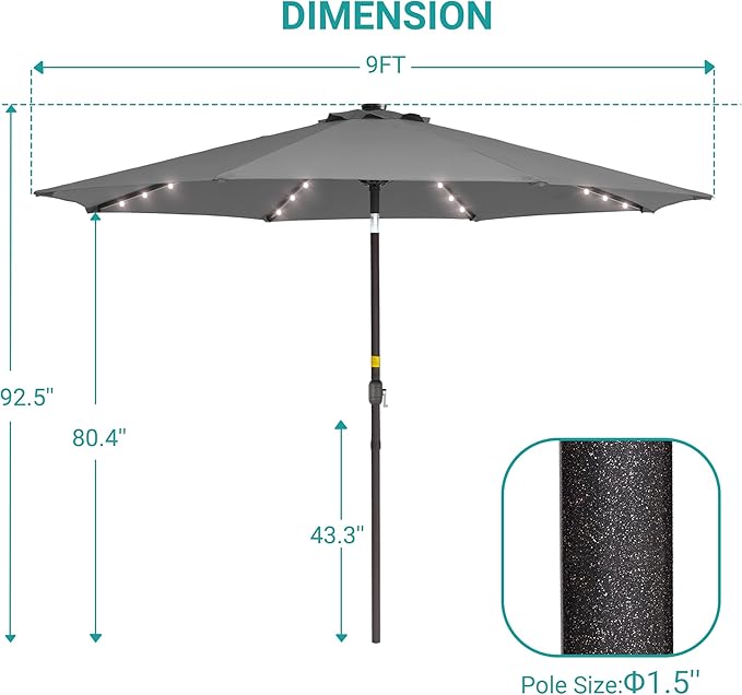 9ft Patio Umbrella Outdoor with Solar Lights,32 LED Lighted Table Market Umbrella with Tilt and Crank, 2-Year-Non-Fading, 8 Sturdy Ribs,for Pool, Deck, Garden,Backyard