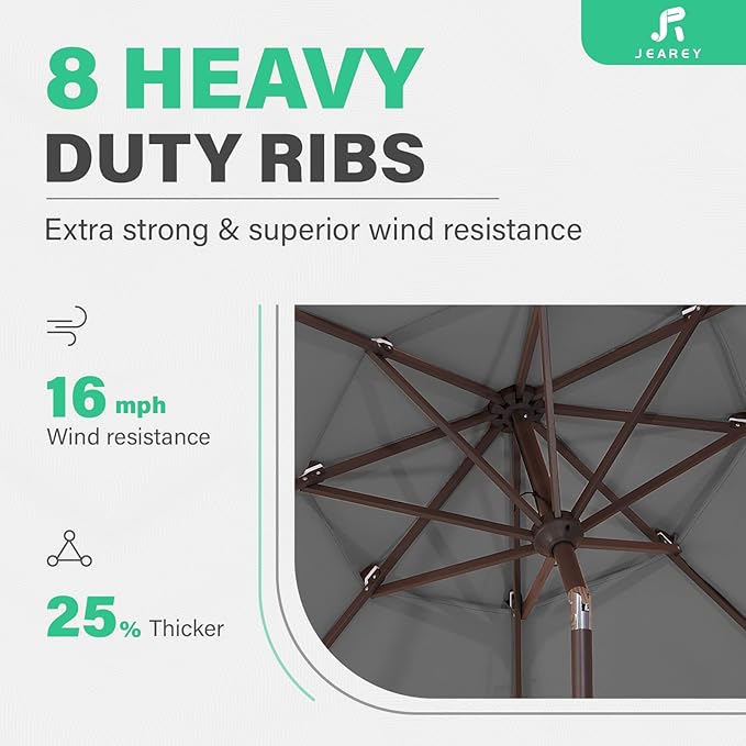 JEAREY 9FT 3 Tier Patio Umbrella Outdoor Market Umbrella Table Umbrellas with 8 Ribs 1.5 Pole Push Button Tilt and Crank UV Protection for Garden,Backyard,Gray