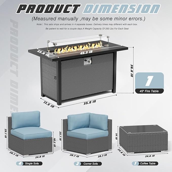 SUNCROWN Outdoor Patio Furniture Set 7 Piece Outdoor Sectional Sofa Grey Wicker Conversation Sofa Set with Coffee Table, Cushions and Fire Pit Table (Light Blue)