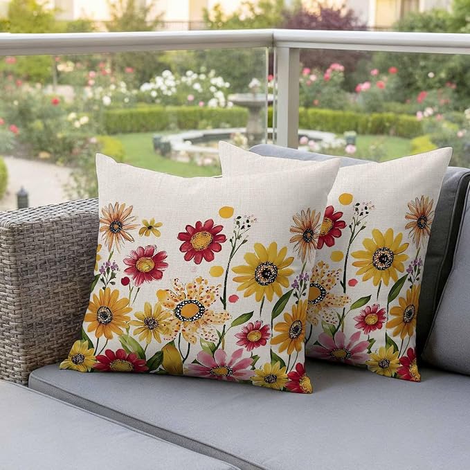 Yellow Red Spring Floral Outdoor Waterproof Throw Pillow Covers 16x16 Set of 2, Pastoral Summer Flower Rustic Decorative Pillowcases Cushion Pillowcase for Couch Sofa Patio Outside Pillow Protector