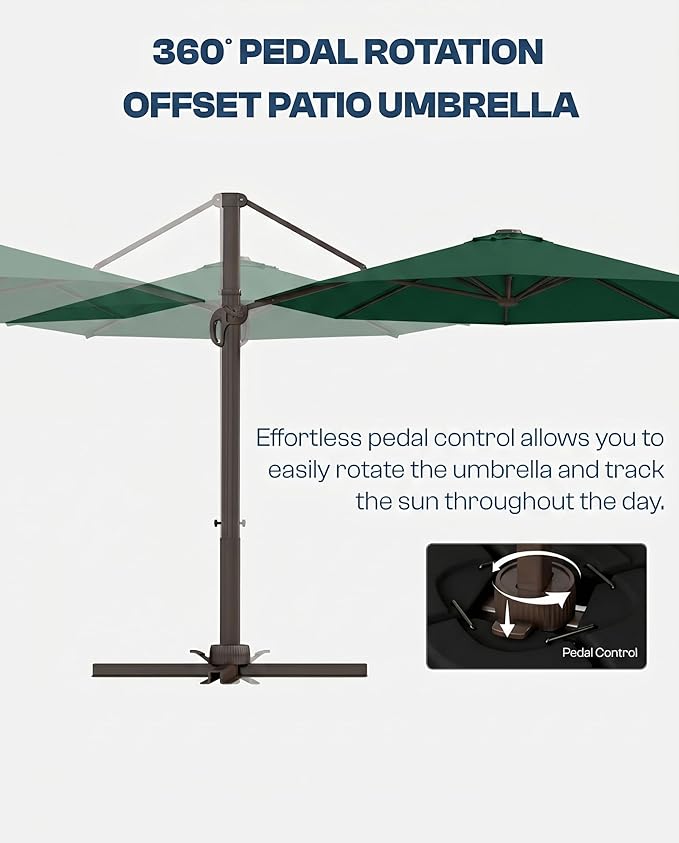 11 FT Round Cantilever Umbrella,Easy Tilt, Fade Resistant & 360° Rotation, Offset for Pool Deck Backyard Patiodark green (Base not Included)