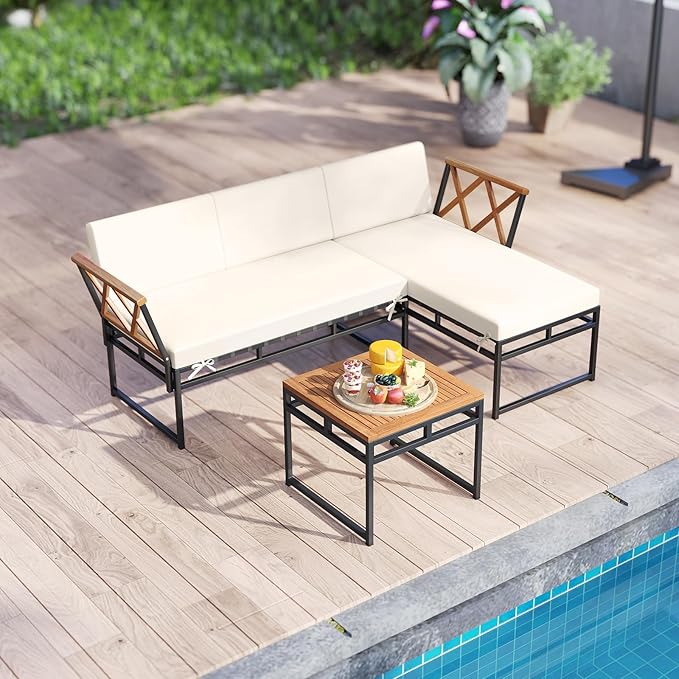Tangkula 3 Pieces L-Shaped Outdoor Furniture Set, Acacia Wood Patio Sectional Cushioned Conversation Sofa with Square Coffee Table, for Porch, Backyard & Poolside (Beige)