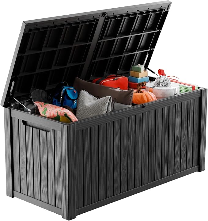 Deck Box Large Outdoor Storage for Patio Furniture,Outdoor Cushions,Garden Tools and Pool Supplies,Waterproof,Resin,Lockable (Black, 190 Gallon)