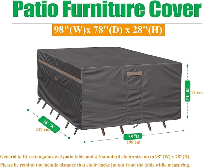 Heavy Duty Waterproof Patio Furniture Covers UV Resistant Rectangular Outdoor Table and Chair Covers 98" Wx 78" D x 28" H Dark Grey