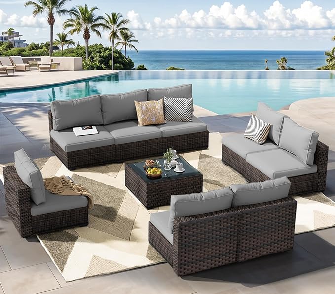 Patio Furniture Set 9 Piece All Weather PE Rattan Outdoor Sectional Sofa Couch with 8 x armless Sofa, No-Slip Cushions and Glass Top Table for Garden, Poolside, Backyard (Gray)