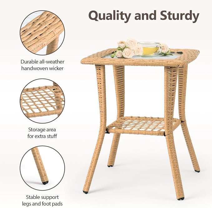 Outdoor Wicker Side Table, Rattan End with Glass Top, Patio Coffee Bistro for Indoor Garden Porch Balcony (Beige)