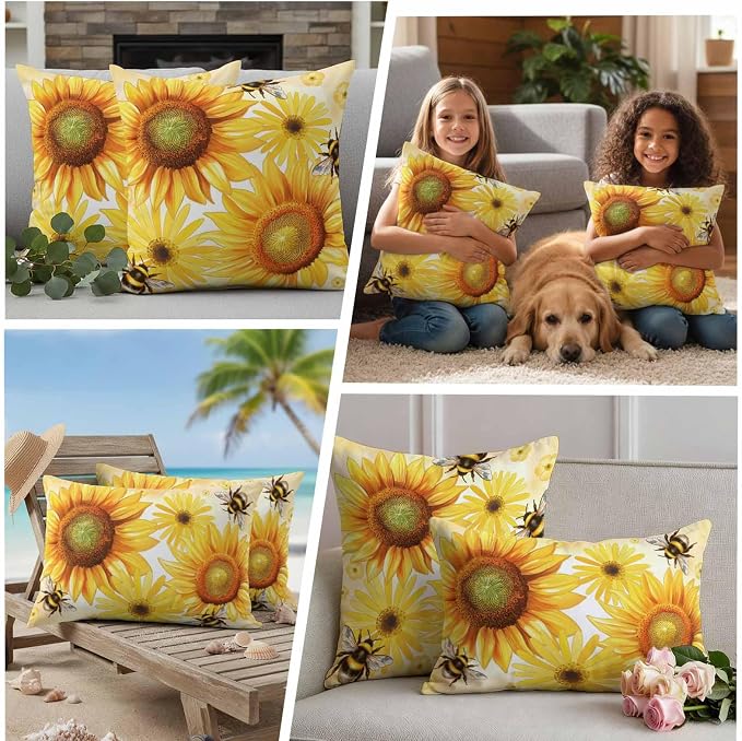 Outdoor Throw Pillow Covers,Rustic Sunflower Yellow Flower Waterproof Decorative Pillowcases Cushion Cover Spring Farmhouse Floral Bee Pillow Cases for Patio Couch Sofa Bed,26x26in Set of 2