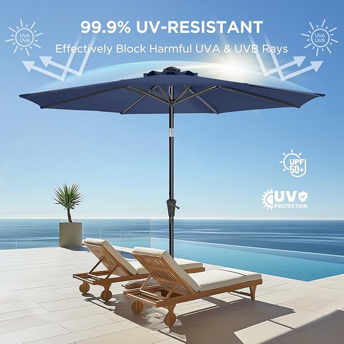 HOMSHADE 9ft Outdoor Patio Umbrella - Market Table Pool Deck Umbrella UPF50+ UV Protection with Push Button Tilt, Crank and 8 Sturdy Ribs (Navy Blue, No base)