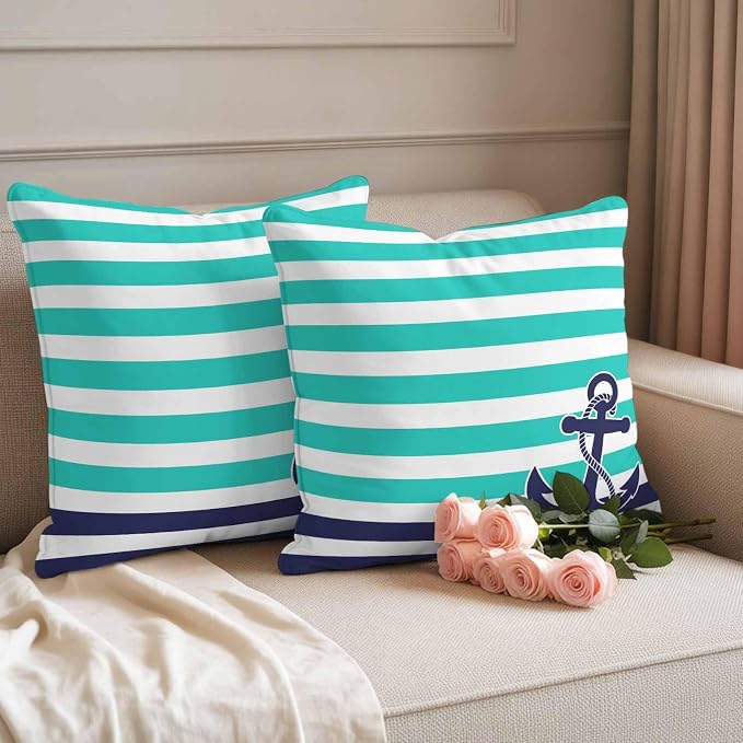 Throw Pillow Covers 24x24 Inch Set of 2, Anchor Turquoise Waterproof Outdoor Cushion Covers, Modern Navy Blue White Striped Nautical Decorative Pillowcases for Couch, Sofa, Bed, Garden, Patio